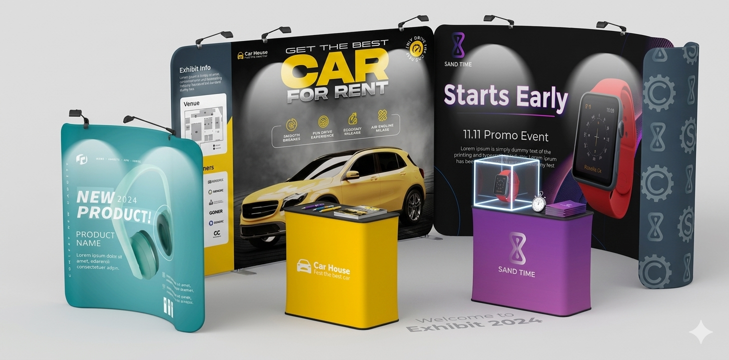 Custom trade show booth exhibits with SEG backlit displays, branded counters and tension fabric backdrops by ExhibitBossPro
