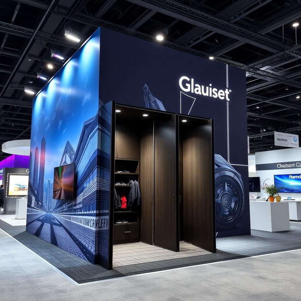 20ft display with integrated storage closet behind graphic wall