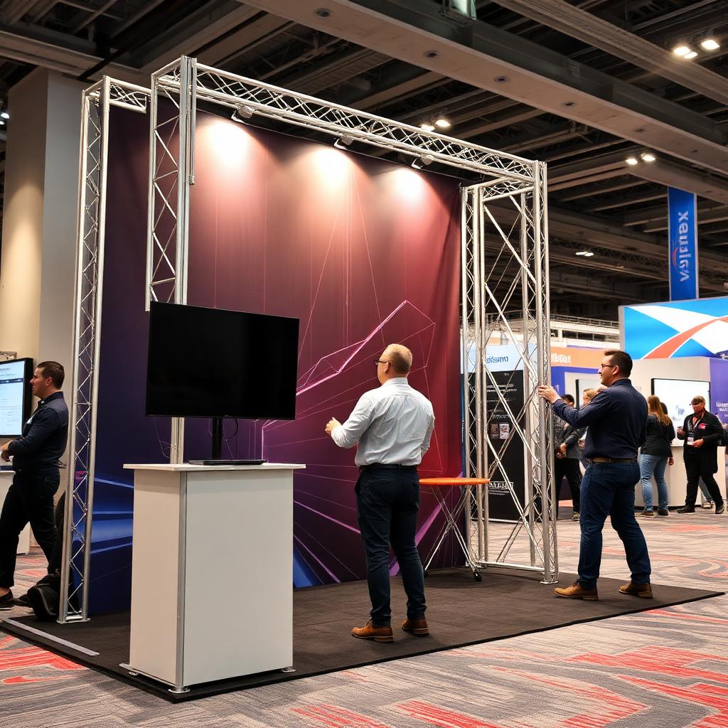 8ft trade show display being assembled by one person