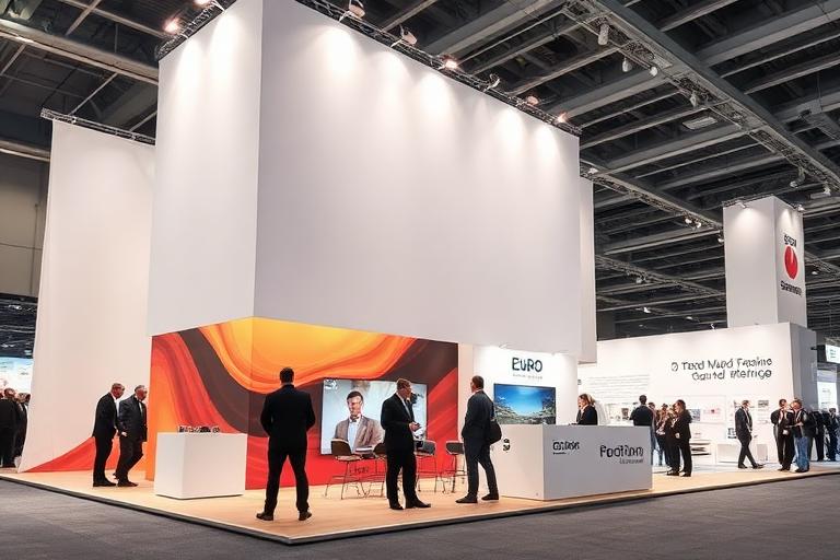Professional branded trade show booth with tension fabric display and sales team