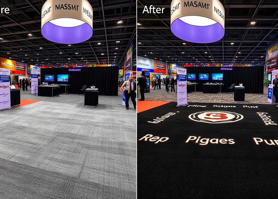 Before and after comparison of trade show booth with and without branded carpet