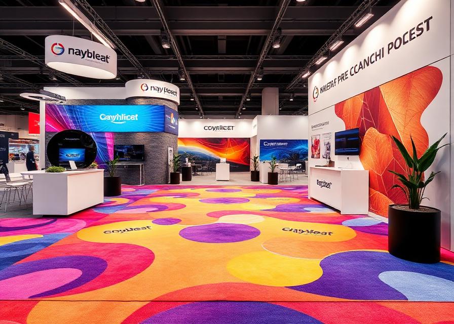 Vibrant branded custom carpet enhancing large trade show booth design