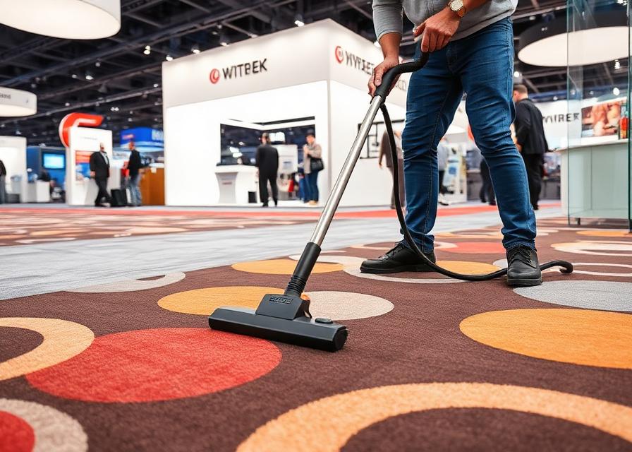 Person vacuuming and maintaining custom printed carpet at trade show booth