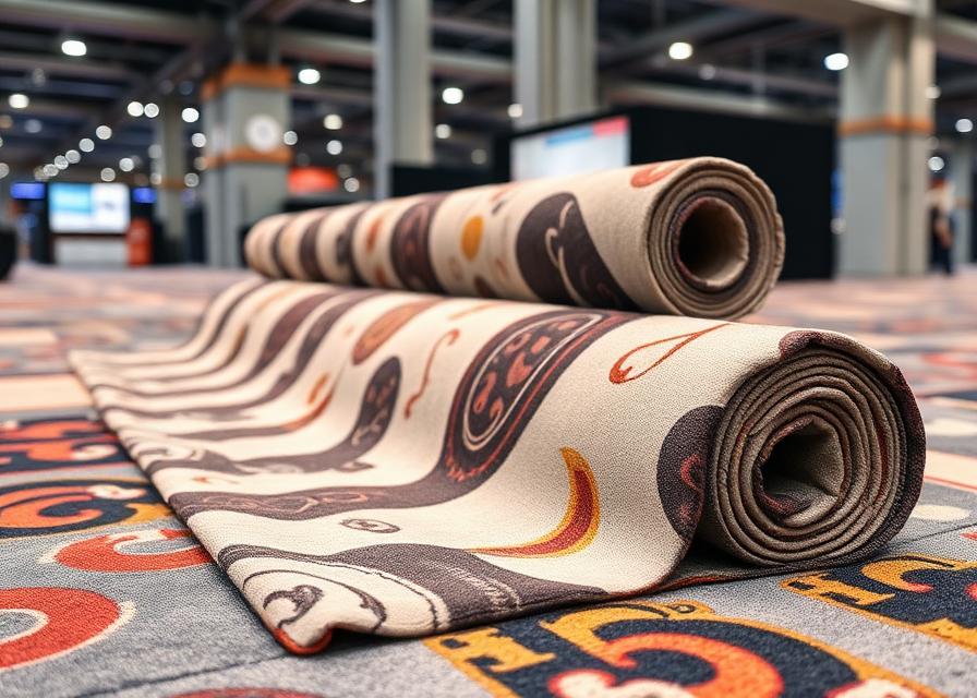 Custom printed carpet rolled up and stored properly after trade show event