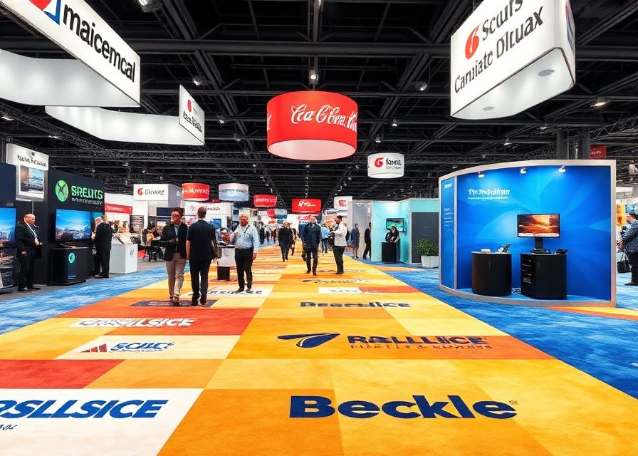 Trade show exhibition hall with custom printed branded carpet flooring