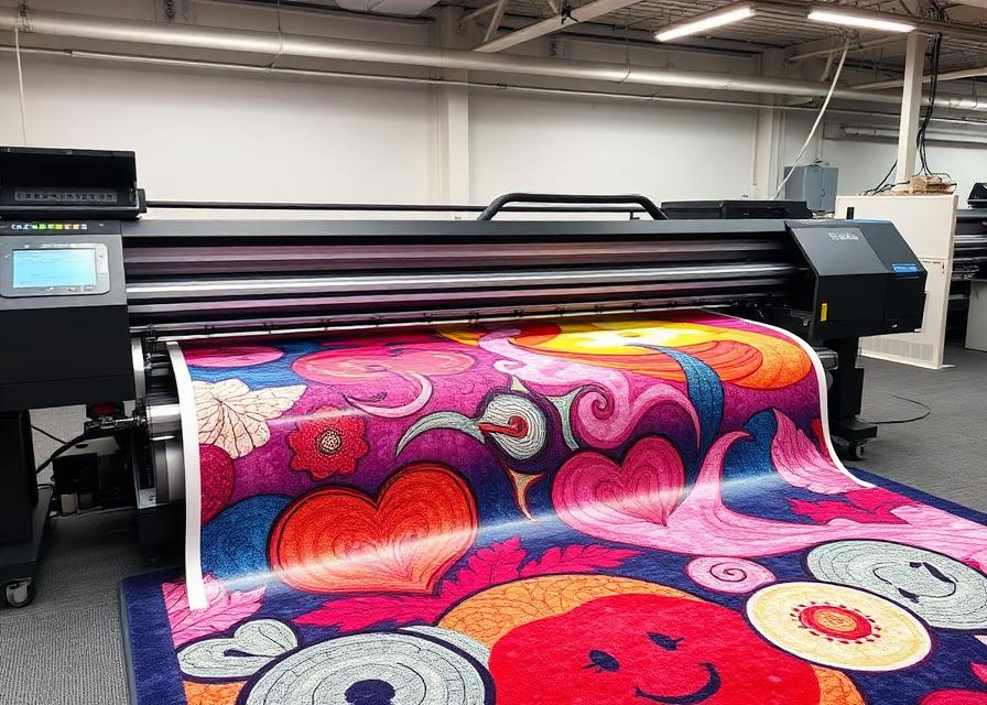 Digital printing machine producing custom carpet with vibrant full-color design