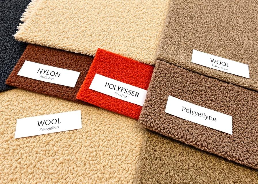 Different carpet material samples labeled nylon polyester wool and polypropylene