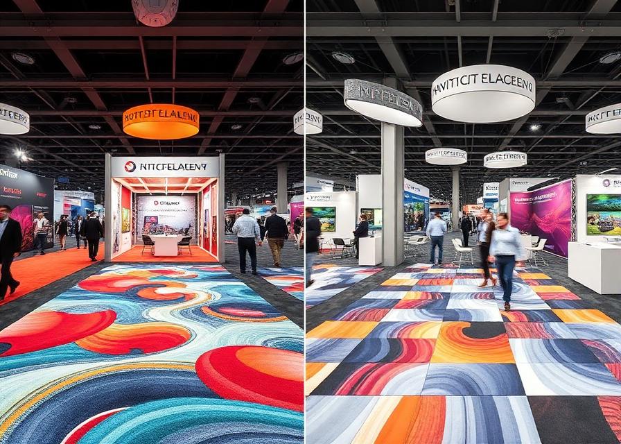 Side by side comparison of custom printed carpet versus standard trade show flooring