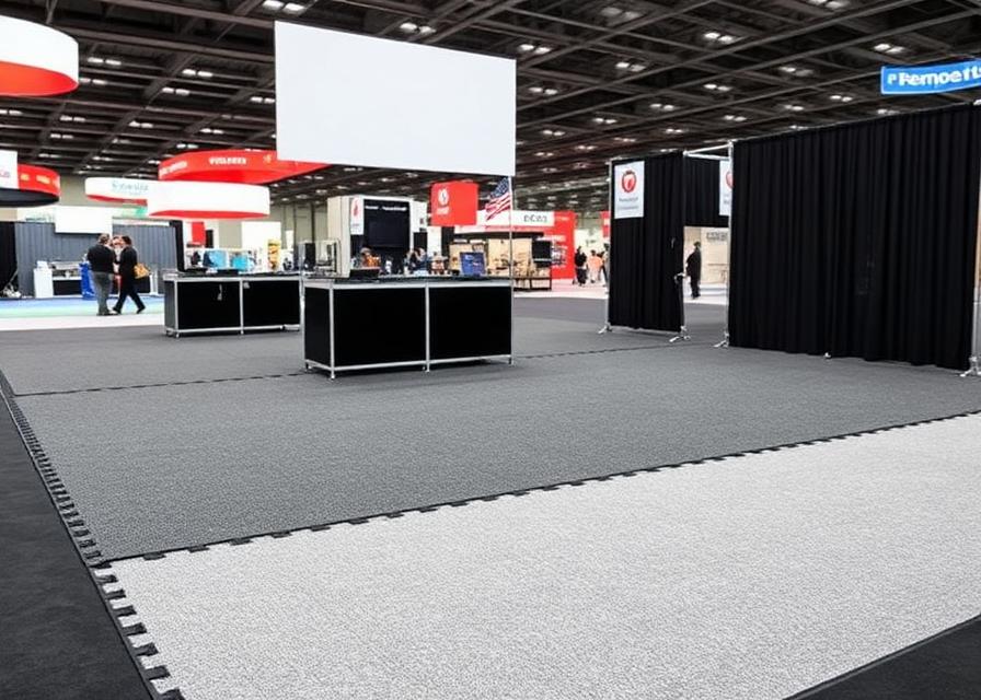Standard interlocking trade show flooring tiles in gray at exhibition booth