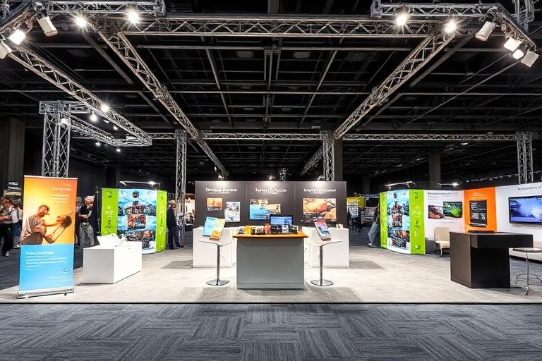 Trade show booth essentials laid out including display frame lights and brochures