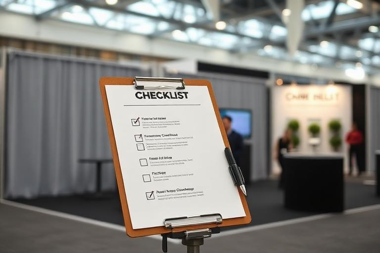 Trade show booth checklist on clipboard with pen at exhibition venue