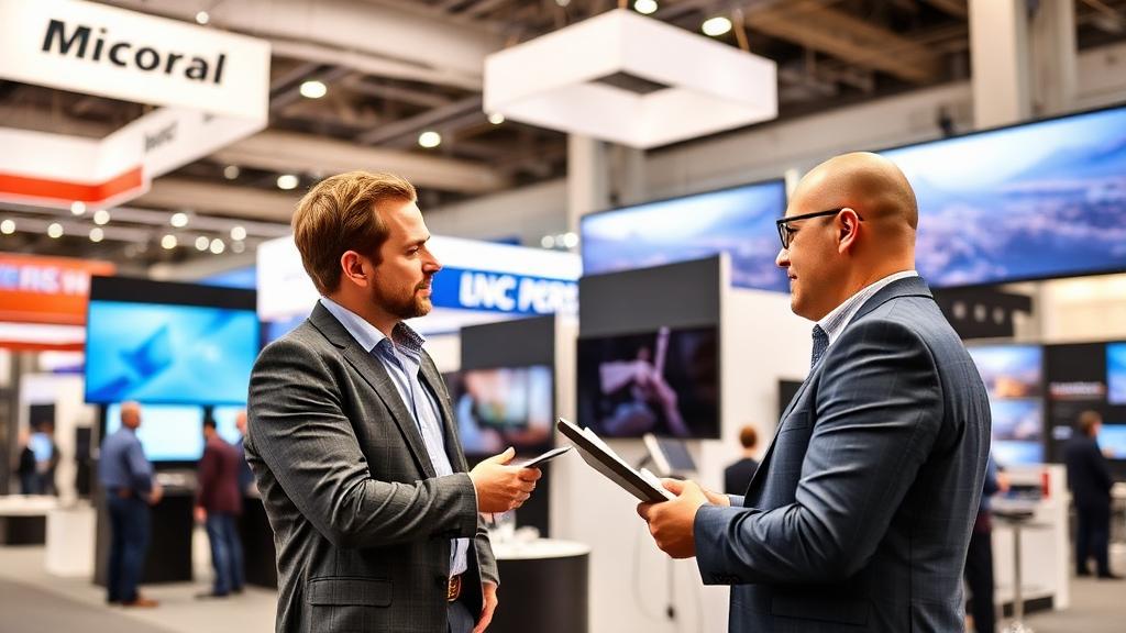 Buyer comparing trade show display options with exhibit consultant in showroom