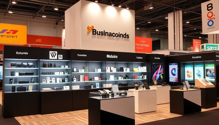 Trade show booth with products displayed on shelves and branded wall