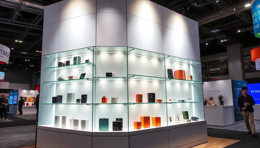 Product display shelving with LED lighting at trade show exhibition