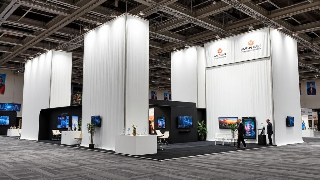 Inline trade show exhibit system with fabric panels and monitors