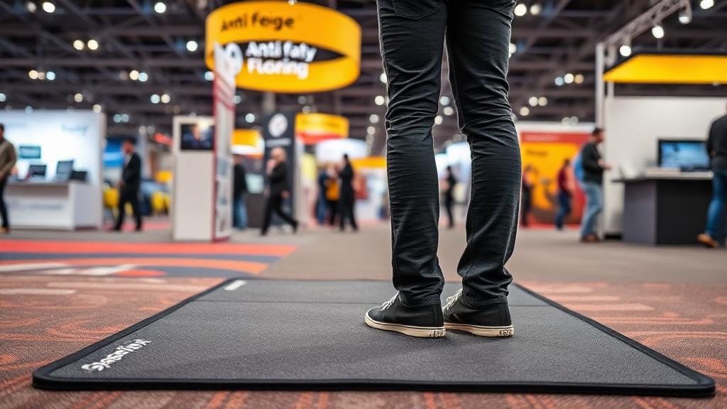 Person standing comfortably on anti-fatigue trade show flooring mat at exhibition booth