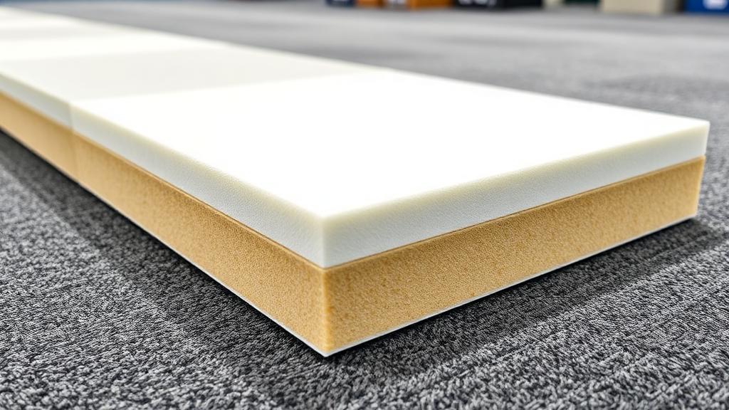 Cross-section of padded trade show flooring showing foam cushion layer construction
