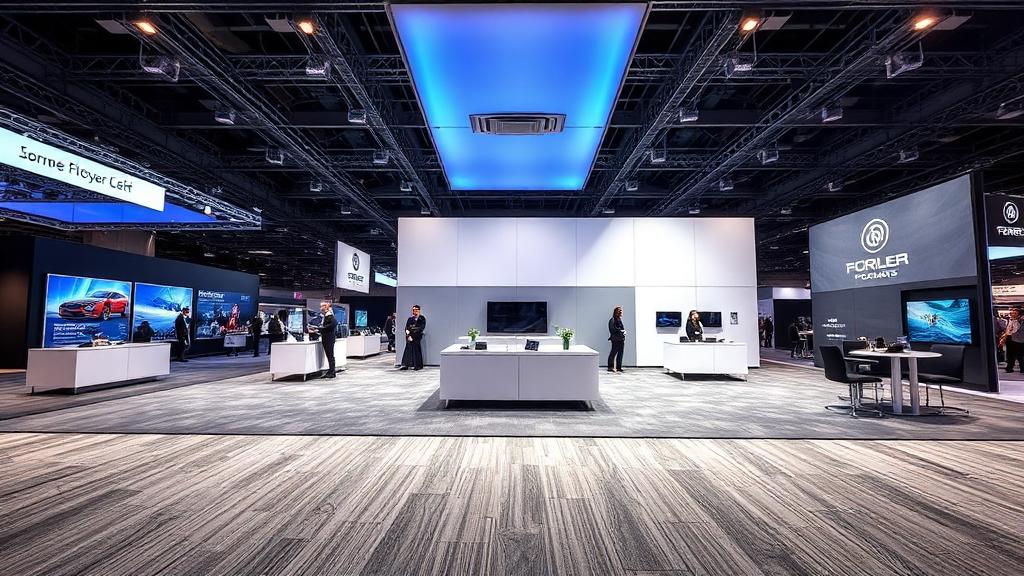 Premium trade show booth with strategic flooring creating distinct zones for displays