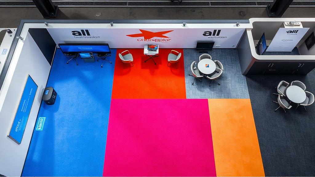 Aerial view of trade show booth using colored flooring sections to create functional zones