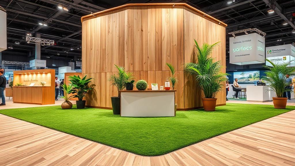Eco-friendly trade show booth with sustainable bamboo and cork flooring and natural elements