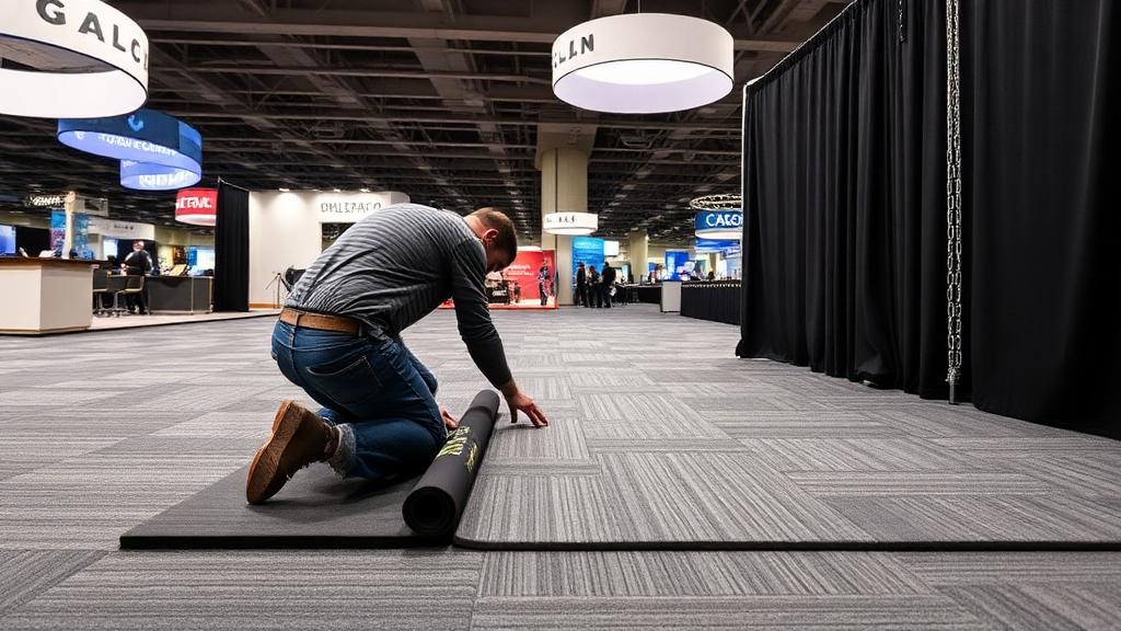 Person installing modular carpet tile flooring at trade show exhibition booth