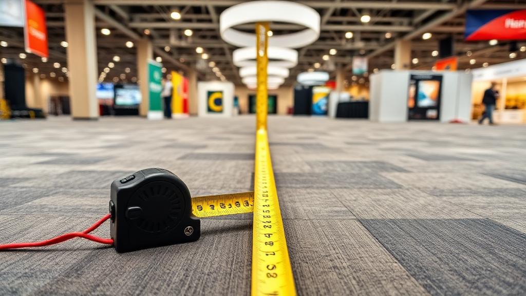 Measuring tape on convention center floor measuring booth space for flooring installation
