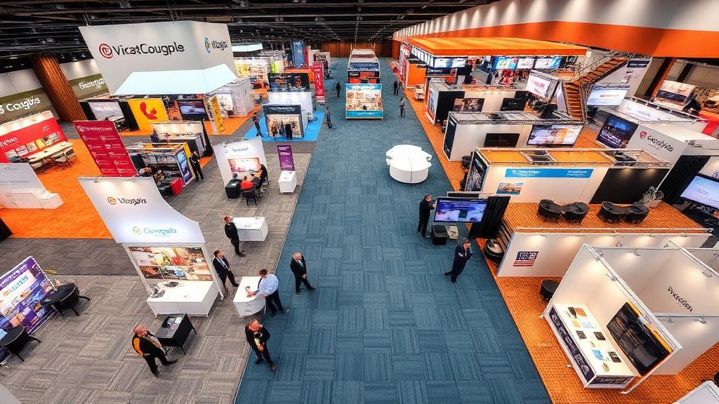 Overhead view of trade show exhibition hall showing different flooring types in booth spaces