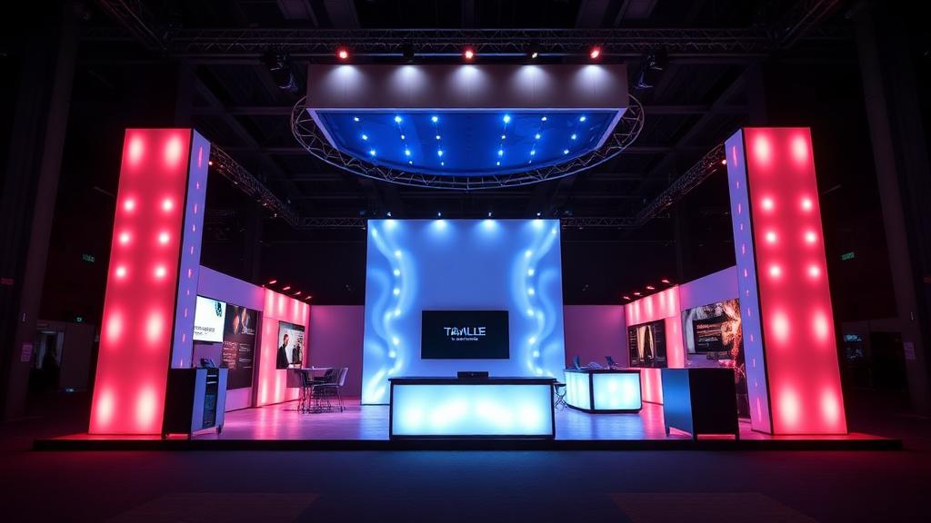 Backlit trade show display booth with dramatic LED illumination effect