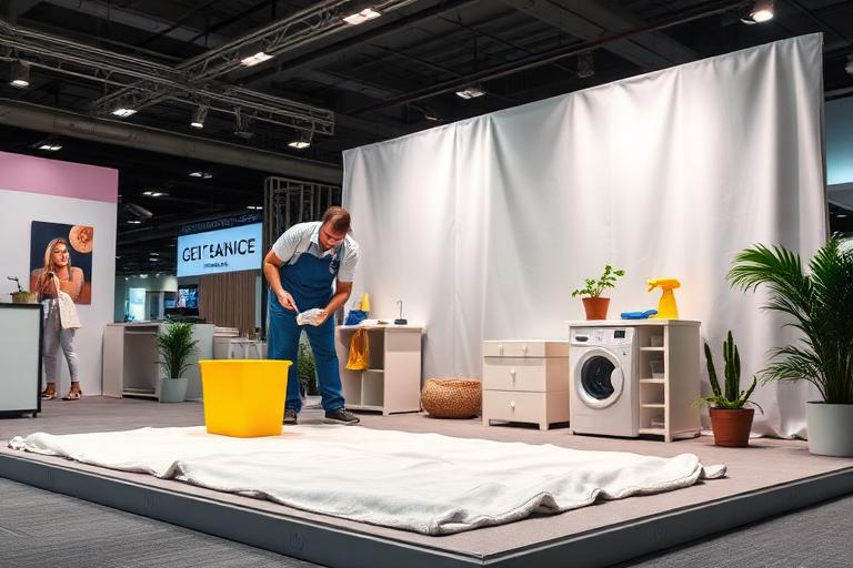 Person cleaning trade show display fabric graphics with gentle cloth for maintenance