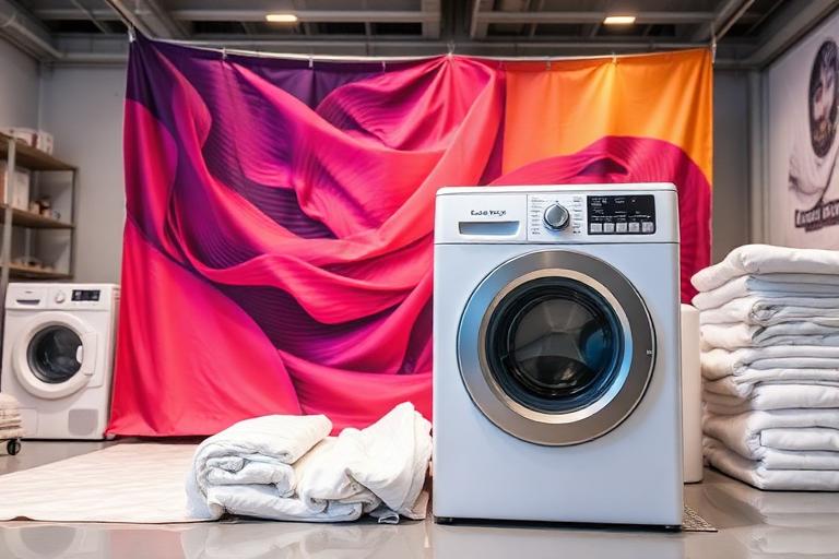 Trade show display fabric being machine washed and prepared for storage