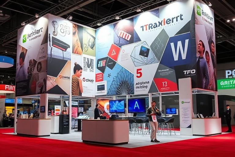 Cluttered trade show booth with poor graphics and bad lighting as example of common mistake