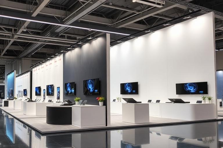 Multiple trade show displays arranged side by side for comparison in showroom