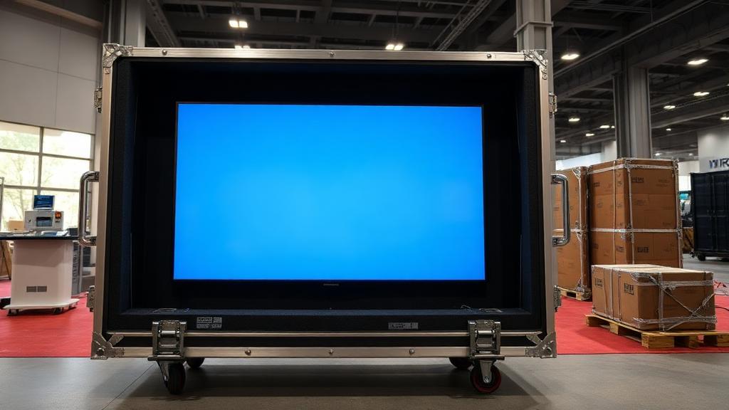 Trade show display being packed into hard rolling shipping case with foam inserts