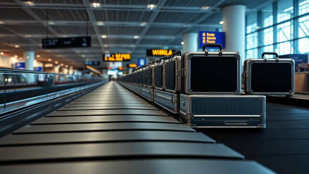 Trade show display carrying cases on airport luggage carousel