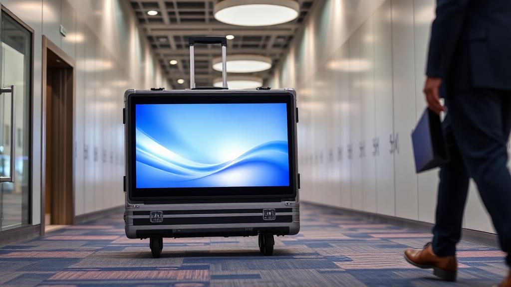 Portable trade show display in wheeled carrying case through convention center