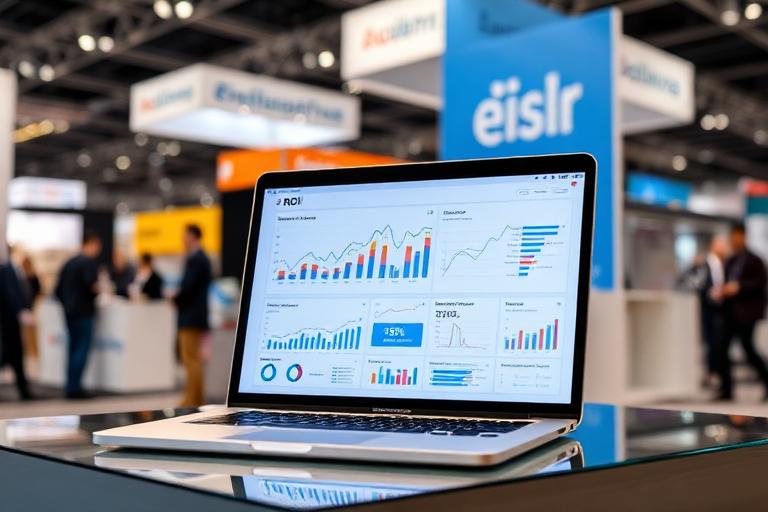 Laptop showing trade show ROI analytics dashboard with charts at exhibition hall