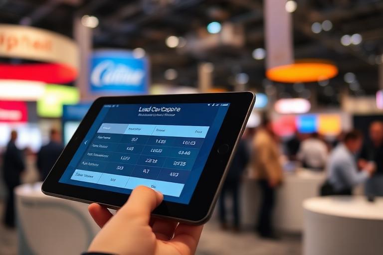 Tablet with lead capture data being reviewed at trade show booth