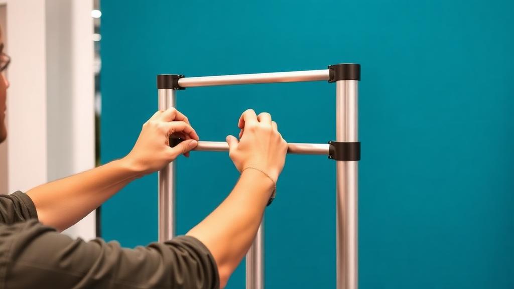 Person assembling portable trade show display with tool-free aluminum frame
