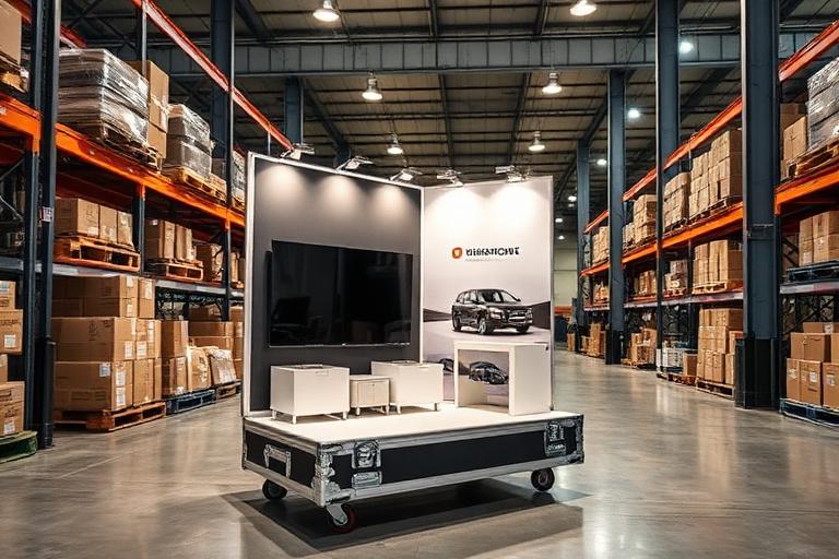 Trade show display in protective wheeled carrying case at logistics warehouse
