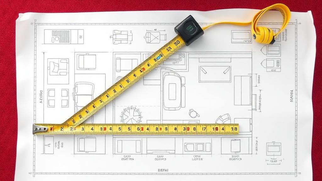 Measuring tape on trade show booth layout blueprint with dimensions