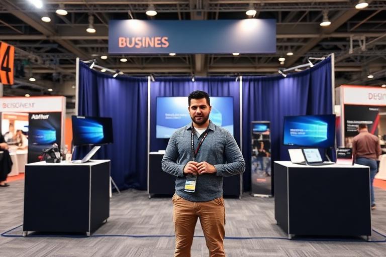 Small business owner standing proudly in front of their trade show booth display