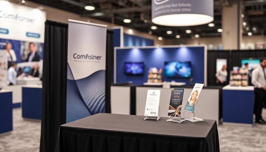 Retractable tabletop banner display with brochure holder at trade show