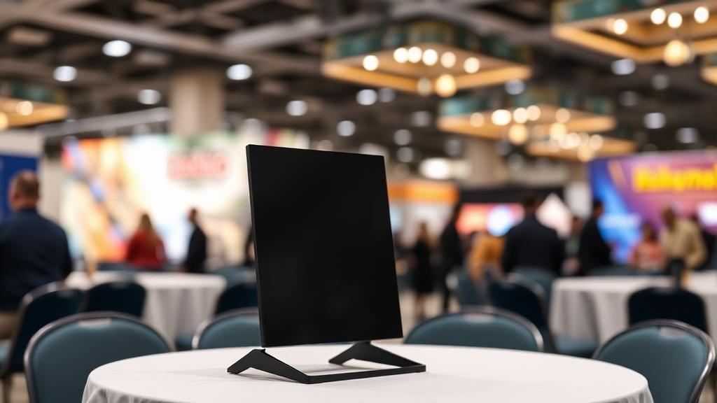 Premium tabletop trade show banner display on conference table