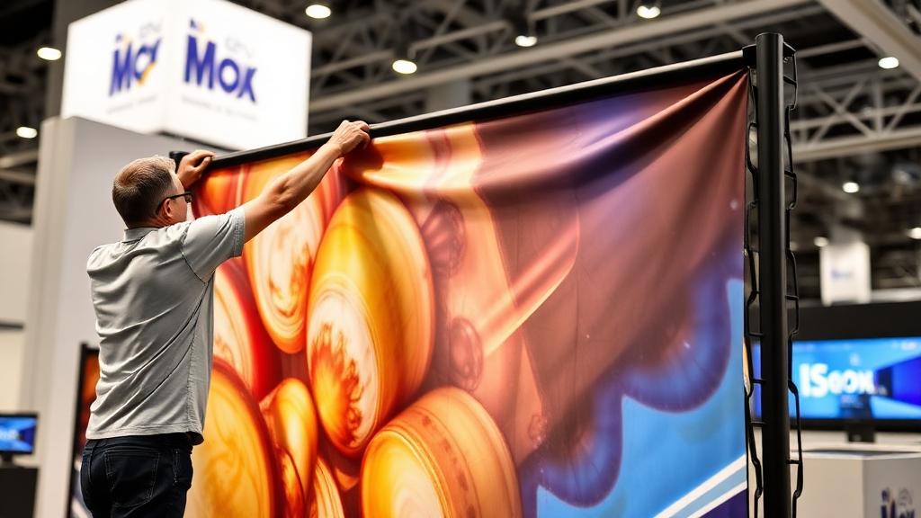 Person stretching fabric graphic onto tension display frame