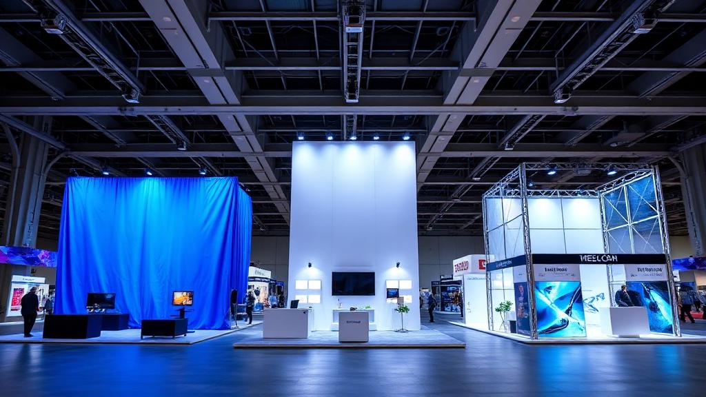 Three display types compared: tension fabric, pop-up, and modular exhibition stands
