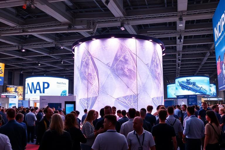 Eye-catching backlit LED trade show display booth attracting large crowd at convention