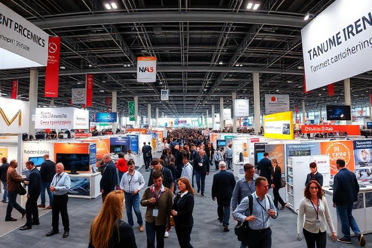 Busy trade show exhibition hall with hundreds of visitors walking through booth aisles