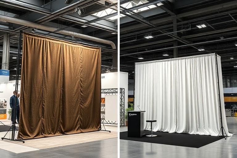Before and after comparison of old pop-up display versus new tension fabric system