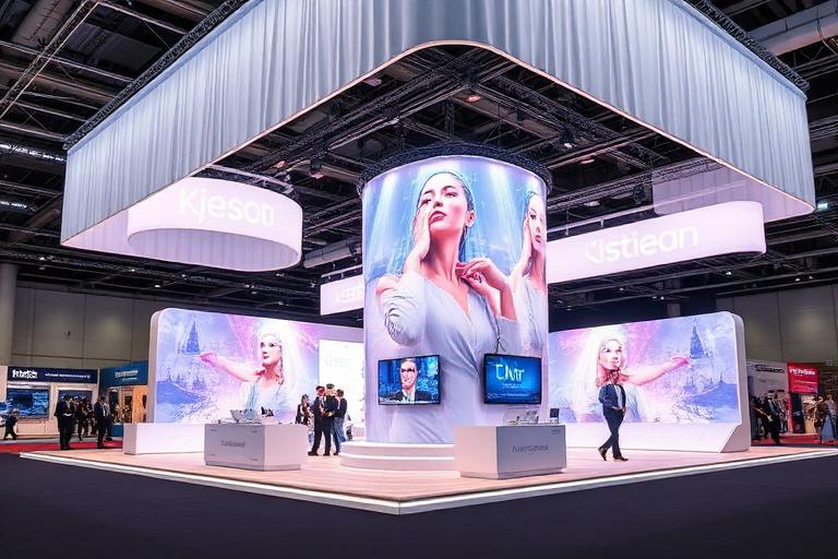 Modern corporate trade show booth with multiple LED screens and curved fabric walls