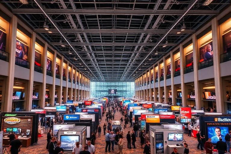 Inside Las Vegas Convention Center main hall with rows of trade show booths and attendees